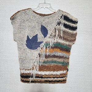 100% Leather Knit Sweater Medium Multicolor w/ Leaf Design Browm Blue Green Tan